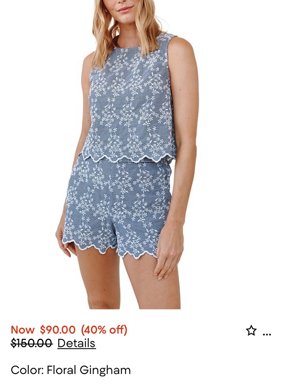 Bella Dahl Blue Floral Gingham Lace-Trim Tank & Short Set